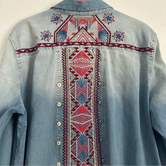 Johnny Was Blue Embroidered Chambray Shirt | Size Large - Picture 6 of 7